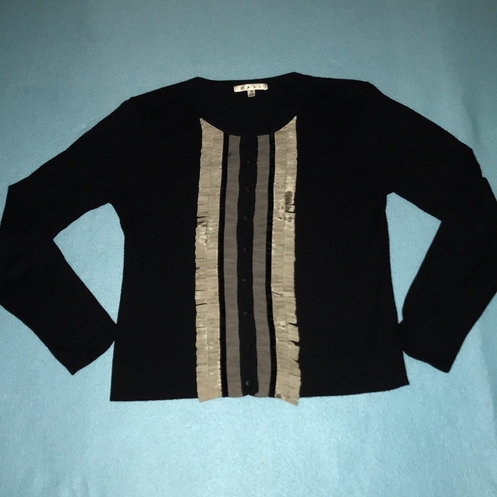 CABI Broadway tuxedo cardigan fringe sweater cashmere cotton blend NEW size M